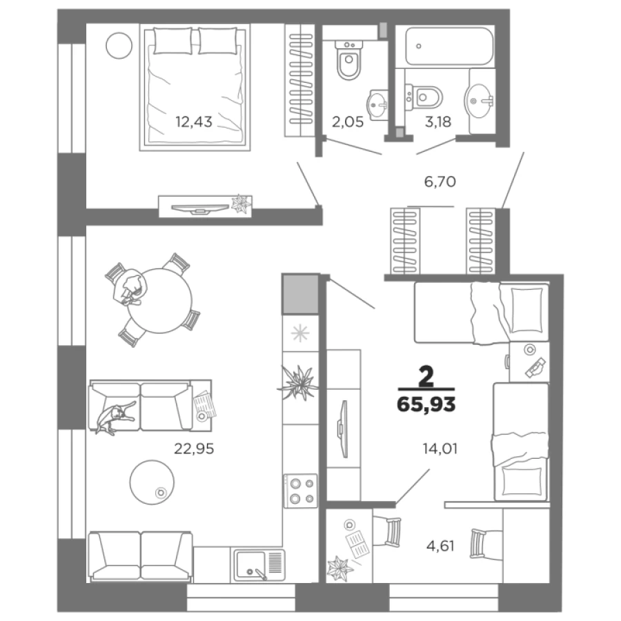 2-ая квартира в современном ЖК с комфортными условиями 65,93м2